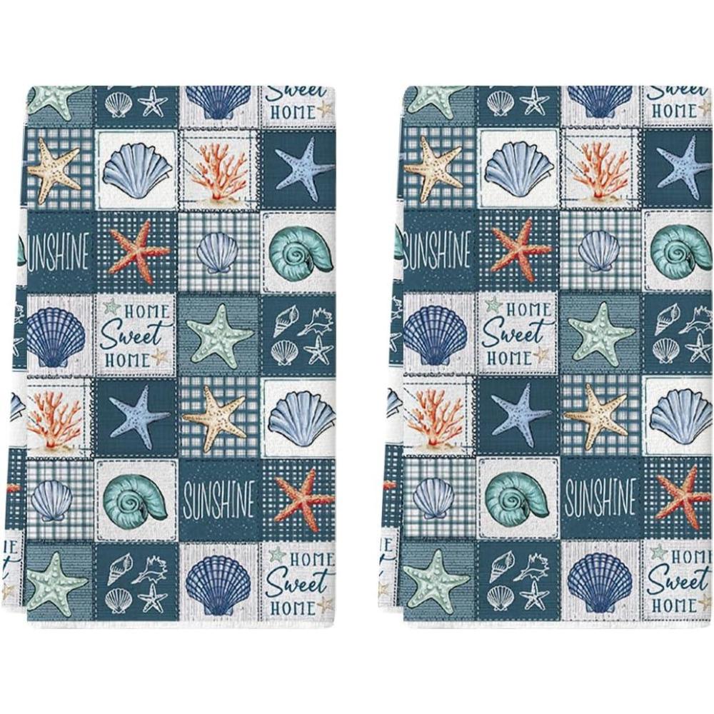 image:imageArtoid Mode Checkered Conch Shells Starfish Summer Kitchen Towels Dish Towels 18x26 Inch Farmhouse Decoration Cleaning Set of 2
