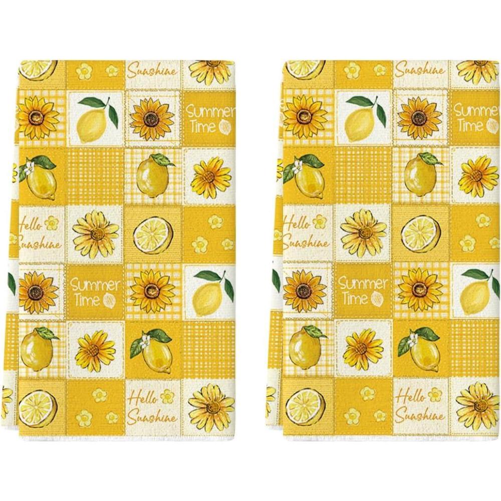 image:imageArtoid Mode Checkered Sunflowers Lemons Flowers Summer Kitchen Towels Dish Towels 18x26 Inch Farmhouse Decoration Cleaning Set of 2