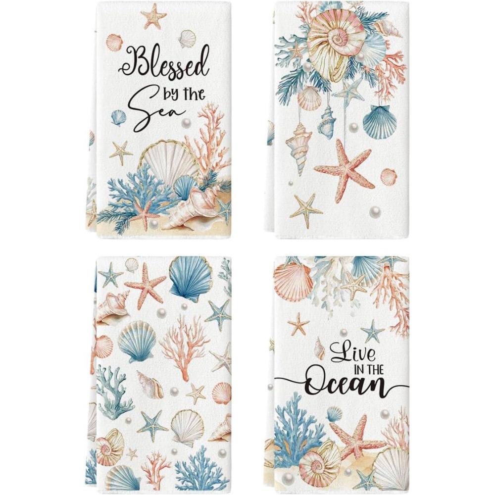 image:imageArtoid Mode Coral Shell Pearl Starfish Conch Summer Kitchen Towels Dish Towels 18x26 Inch Farmhouse Decoration Cleaning Set of 4