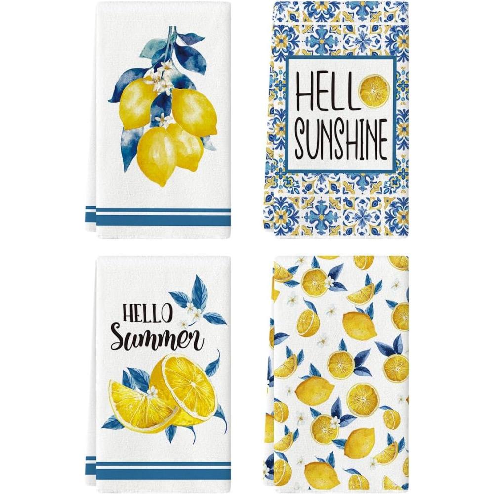 image:imageArtoid Mode Lemons Florals Hello Sunshine Summer Kitchen Towels Dish Towels 18x26 Inch Farmhouse Decoration Cleaning Set of 4