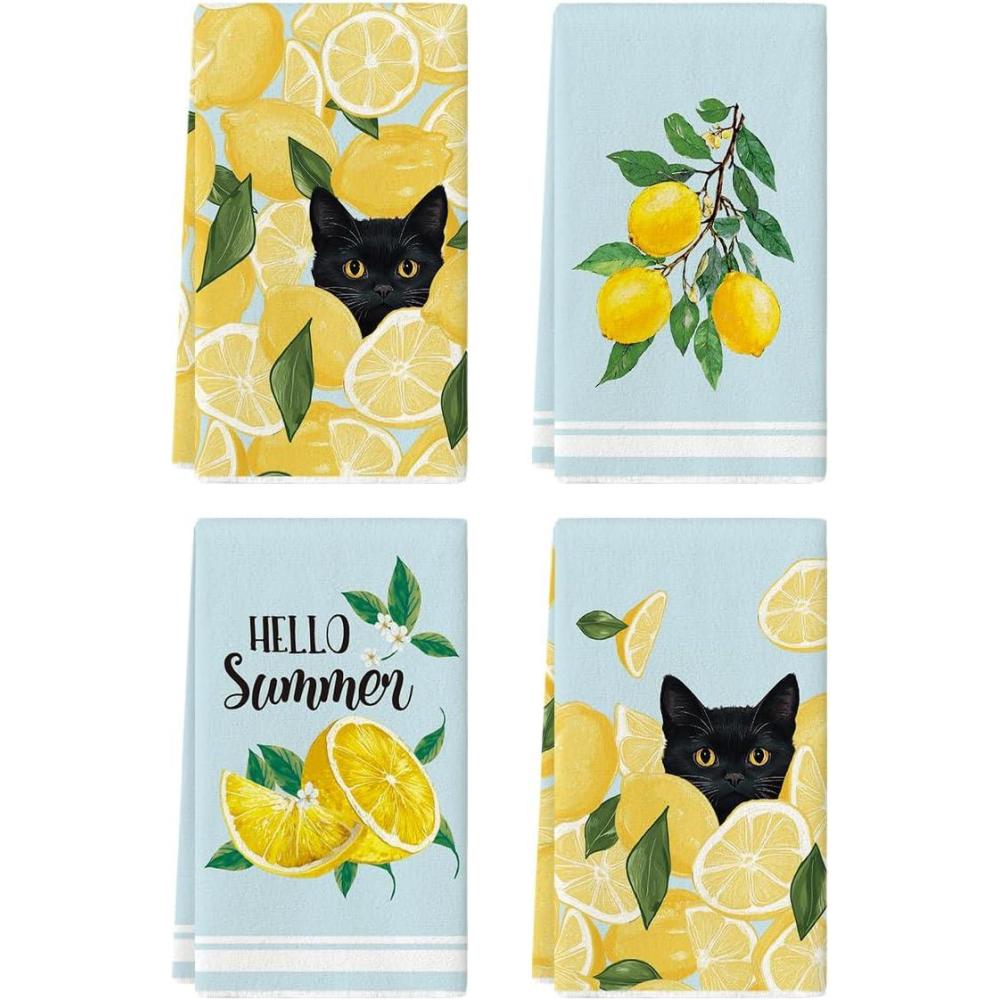 image:imageArtoid Mode Lemons Leaves Black Cat Hello Summer Kitchen Towels Dish Towels 18x26 Inch Farmhouse Spring Decoration Cleaning Set of 4