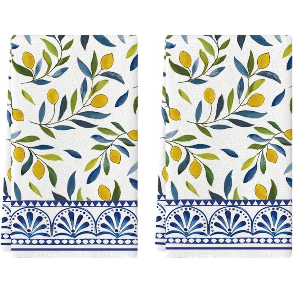image:imageArtoid Mode Lemons Leaves Stripes Summer Kitchen Towels Dish Towels 18x26 Inch Farmhouse Decoration Cleaning Set of 2