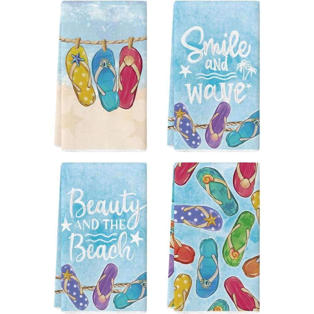 image:imageArtoid Mode Shell Starfish Slippers Beauty Smile Summer Kitchen Towels Dish Towels 18x26 Inch Farmhouse Decoration Cleaning Set of 4