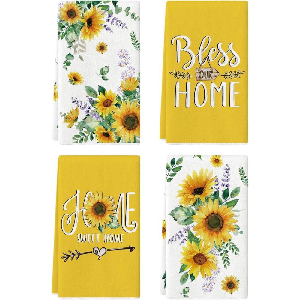 image:imageArtoid Mode Sunflower Leaves Florals Bless Our Home Summer Kitchen Towels Dish Towels 18x26 Inch Farmhouse Spring Decoration Cleaning Set of 4