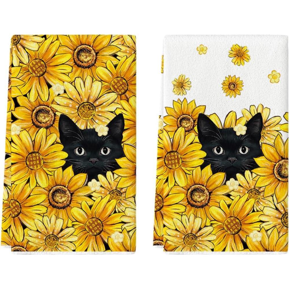 image:imageArtoid Mode Sunflowers Bee Black Cat Summer Kitchen Towels Dish Towels 18x26 Inch Farmhouse Decoration Cleaning Set of 2