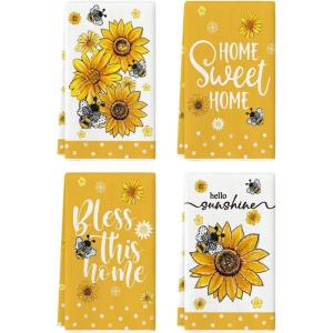 Artoid Mode Bee Sunflower Dot Hello Sunshine Summer Kitchen Towels Dish Towels, 18×26 Inch Farmhouse Spring Decoration Cleaning Set of 4
