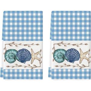 Artoid Mode Blue Checkered Shell Starfish Summer Kitchen Towels Dish Towels, 18×26 Inch Farmhouse Decoration Cleaning Set of 2(Blue)