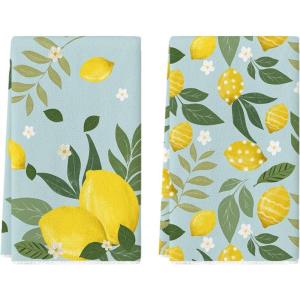 Artoid Mode Blue Lemons Leaves Flowers Summer Kitchen Towels Dish Towels, 18×26 Inch Farmhouse Spring Decoration Cleaning Set of 2(Blue)