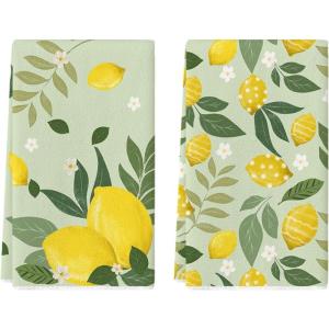 Artoid Mode Blue Lemons Leaves Flowers Summer Kitchen Towels Dish Towels, 18×26 Inch Farmhouse Spring Decoration Cleaning Set of 2(Green)