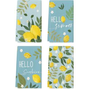 Artoid Mode Blue Lemons Leaves Flowers Summer Kitchen Towels Dish Towels, 18×26 Inch Farmhouse Spring Decoration Cleaning Set of 4(Blue)