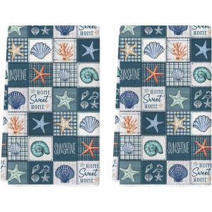 Artoid Mode Checkered Conch Shells Starfish Summer Kitchen Towels Dish Towels, 18×26 Inch Farmhouse Decoration Cleaning Set of 2