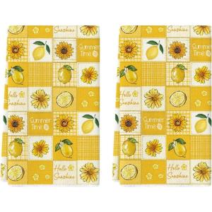 Artoid Mode Checkered Sunflowers Lemons Flowers Summer Kitchen Towels Dish Towels, 18×26 Inch Farmhouse Decoration Cleaning Set of 2