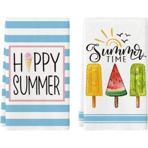 Artoid Mode Ice Cream Watermelon Happy Summer Kitchen Towels Dish Towels, 18×26 Inch Seasonal Summer Decoration Hand Towels Set of 2