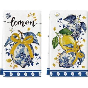 Artoid Mode Lemon Bow Flowers Chinoiserie Summer Kitchen Towels Dish Towels, 18×26 Inch Farmhouse Decoration Cleaning Set of 2