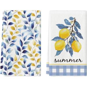 Artoid Mode Lemon Leaves Summer Kitchen Towels Dish Towels, 18×26 Inch Farmhouse Decoration Cleaning Set of 2