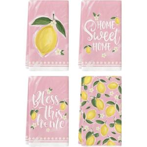 Artoid Mode Pink Lemons Leaves Flowers Summer Kitchen Towels Dish Towels, 18×26 Inch Farmhouse Spring Decoration Cleaning Set of 4