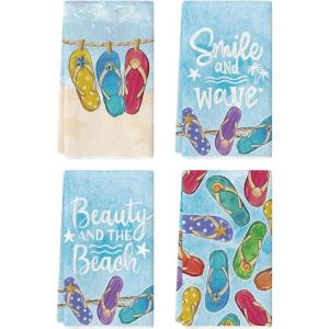 Artoid Mode Shell Starfish Slippers Beauty Smile Summer Kitchen Towels Dish Towels, 18×26 Inch Farmhouse Decoration Cleaning Set of 4