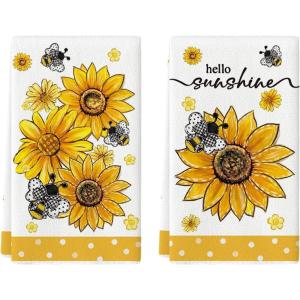 Artoid Mode Sunflower Bee Hello Sunshine Summer Kitchen Towels Dish Towels, 18×26 Inch Farmhouse Spring Decoration Cleaning Set of 2