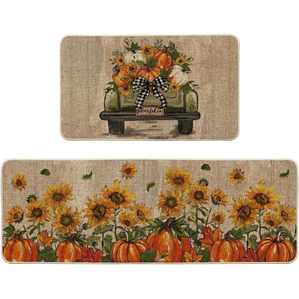 image:imageArtoid Mode Truck Pumpkin Sunflowers Fall Kitchen Mats Set of 2 Autumn Home Decor LowProfile Kitchen Rugs for Floor 17x29 and 17x47 Inch