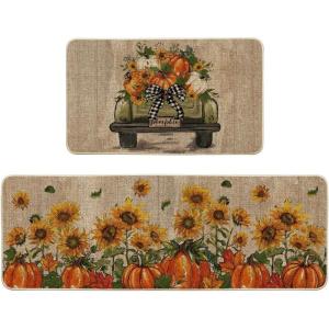 Artoid Mode Truck Pumpkin Sunflowers Fall Kitchen Mats Set of 2, Autumn Home Decor Low-Profile Kitchen Rugs for Floor – 17×29 and 17×47 Inch