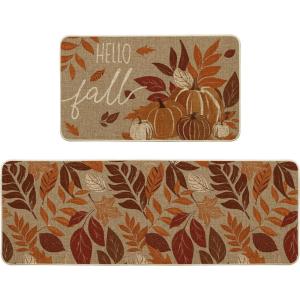 Artoid Mode Vintage Maple Leaves Pumpkin Fall Kitchen Mats Set of 2, Autumn Home Decor Low-Profile Kitchen Rugs for Floor – 17×29 and 17×47 Inch(Orange)