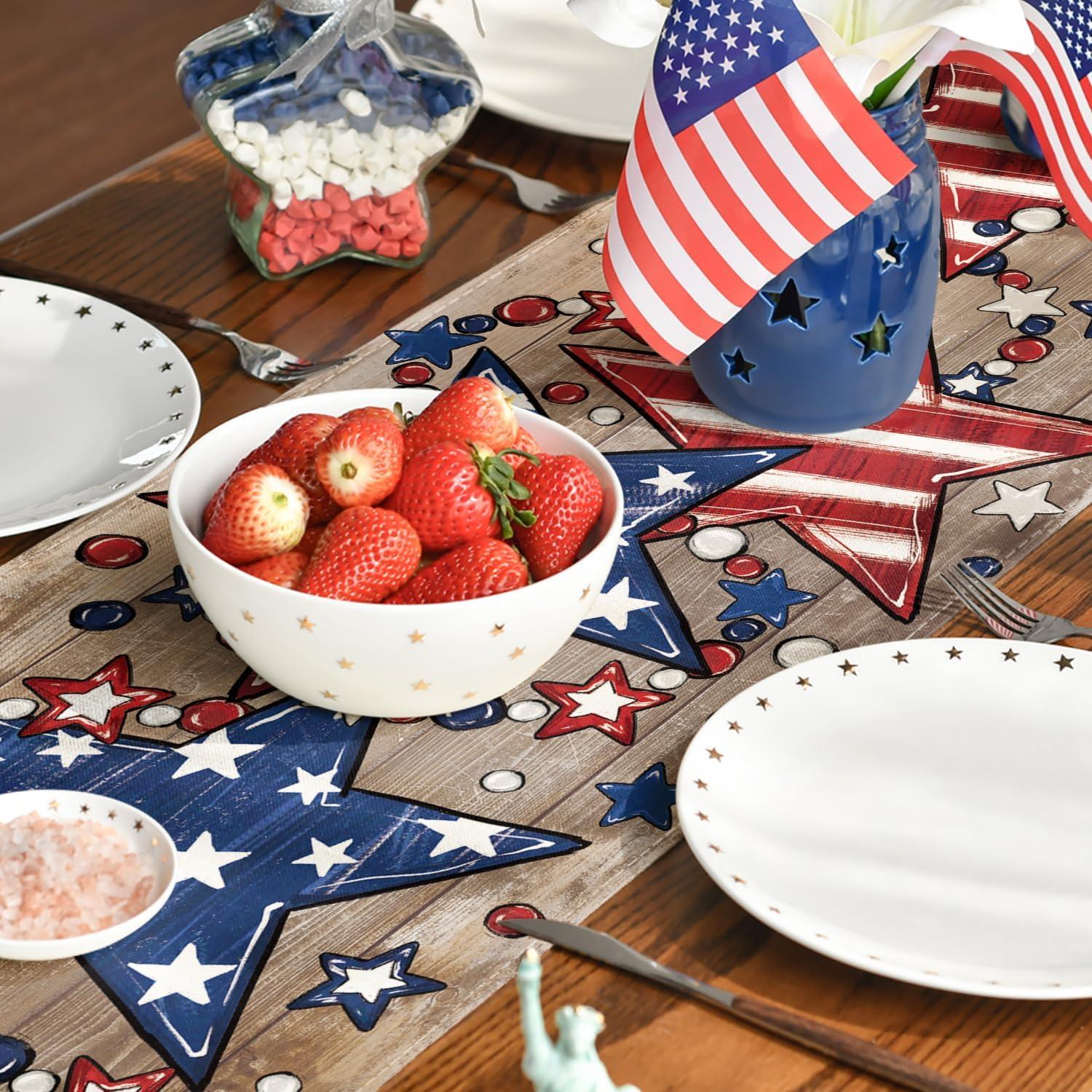 image:imageArtoid Mode Wood Stars Beads America Patriotic 4th of July Table Runner Memorial Day Kitchen Dining Table Decoration for Home Party Decor 13x72 InchWood