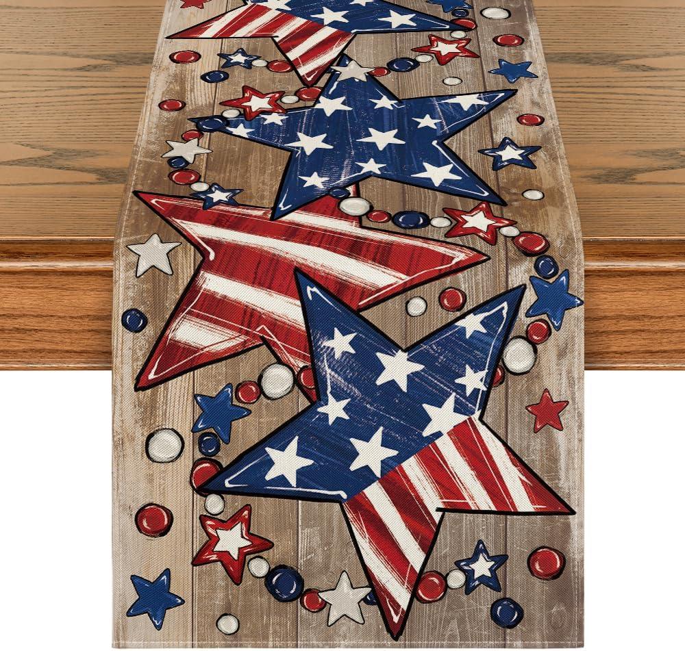 image:imageArtoid Mode Wood Stars Beads America Patriotic 4th of July Table Runner Memorial Day Kitchen Dining Table Decoration for Home Party Decor 13x72 InchWood