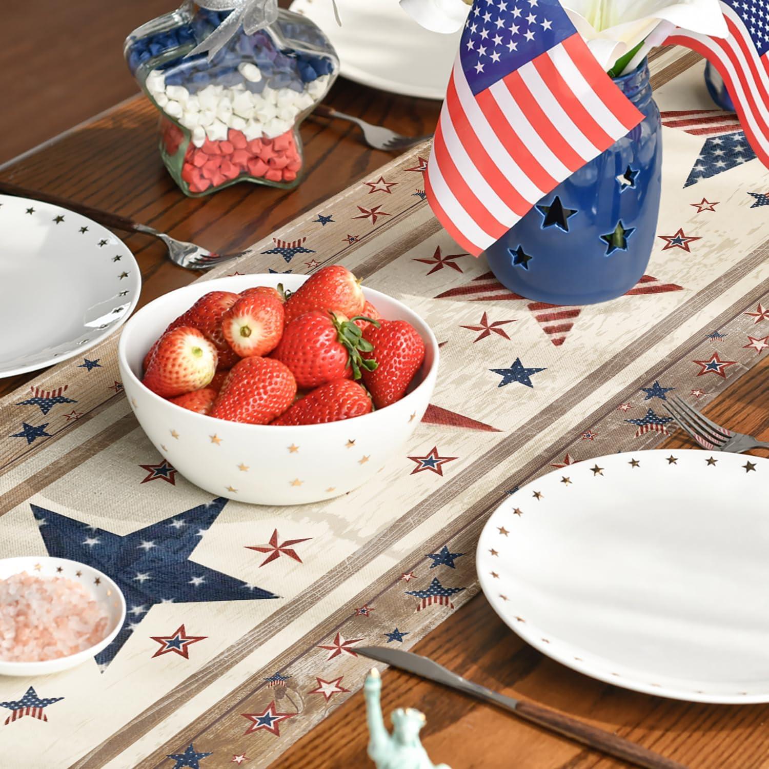 image:imageArtoid Mode Wood Stars StripShaped Patriotic 4th of July Table Runner Seasonal Kitchen Dining Table Decoration for Home Party Decor 13x72 InchWood