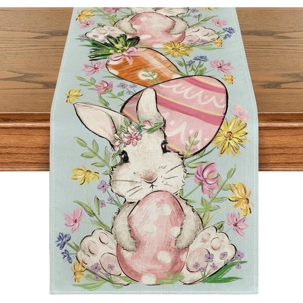 image:imageArtoid Mode Bunny Rabbit Egg Flower Easter Table Runner Seasonal Spring Kitchen Dining Table Decoration for Home Party Decor 13x72 InchBlue