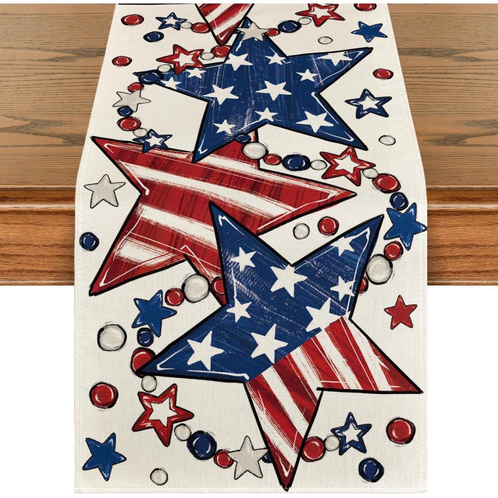 image:imageArtoid Mode Wood Stars Beads America Patriotic 4th of July Table Runner Memorial Day Kitchen Dining Table Decoration for Home Party Decor 13x72 InchBeige