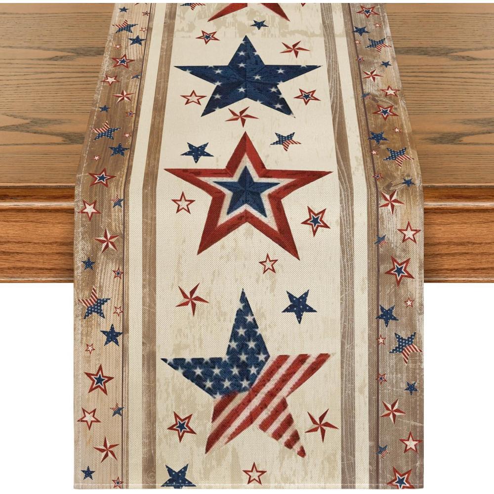 image:imageArtoid Mode Wood Stars StripShaped Patriotic 4th of July Table Runner Seasonal Kitchen Dining Table Decoration for Home Party Decor 13x72 InchWood
