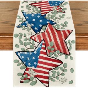 Artoid Mode American Flag Stars Eucalyptus 4th of July Table Runner, Memorial Day Kitchen Dining Table Decoration for Home Party Decor 13×72 Inch(Red)