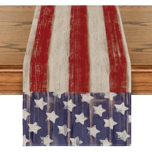 Artoid Mode American Flag Stars and Stripes 4th of July Table Runner,Memorial Day Kitchen Dining Table Decoration for Home Party Decor 13×72 Inch(Red/Blue)