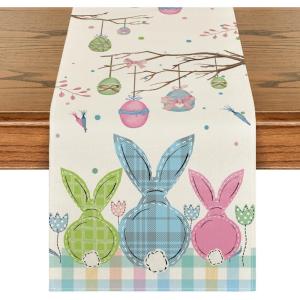 Artoid Mode Buffalo Plaid Bunny Egg Carrot Easter Table Runner, Seasonal Spring Kitchen Dining Table Decoration for Home Party Decor 13×72 Inch(Blue/Pink/Green)