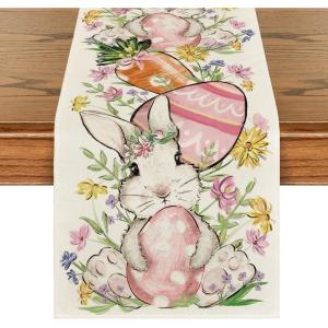 Artoid Mode Bunny Rabbit Egg Flower Easter Table Runner, Seasonal Spring Kitchen Dining Table Decoration for Home Party Decor 13×72 Inch(Beige)