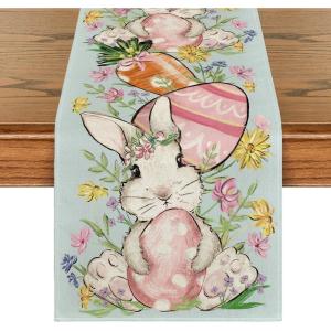 Artoid Mode Bunny Rabbit Egg Flower Easter Table Runner, Seasonal Spring Kitchen Dining Table Decoration for Home Party Decor 13×72 Inch(Blue)
