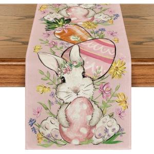 Artoid Mode Bunny Rabbit Egg Flower Easter Table Runner, Seasonal Spring Kitchen Dining Table Decoration for Home Party Decor 13×72 Inch(Pink)
