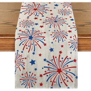 Artoid Mode Silver Fireworks Patriotic 4th of July Table Runner, Seasonal Kitchen Dining Table Decoration for Home Party Decor 13×72 Inch(Silver)