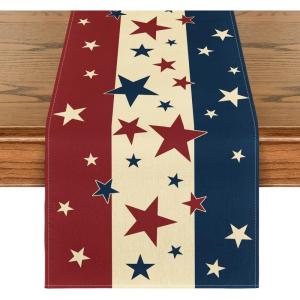 Artoid Mode Stars Stripes Patriotic Memorial Day 4th of July Table Runner, Independence Day Kitchen Dining Table Decoration for Home Party Decor 13×72 Inch(Red/Beige/Blue)