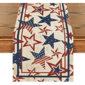 Artoid Mode The Stars and Stripes Patriotic 4th of July Table Runner, Memorial Day Kitchen Dining Table Decoration for Home Party Decor 13×72 Inch(Beige)