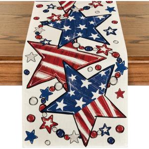 Artoid Mode Wood Stars Beads America Patriotic 4th of July Table Runner, Memorial Day Kitchen Dining Table Decoration for Home Party Decor 13×72 Inch(Beige)