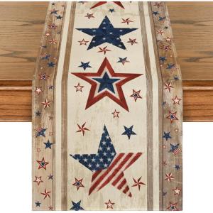 Artoid Mode Wood Stars Strip-Shaped Patriotic 4th of July Table Runner, Seasonal Kitchen Dining Table Decoration for Home Party Decor 13×72 Inch(Wood)
