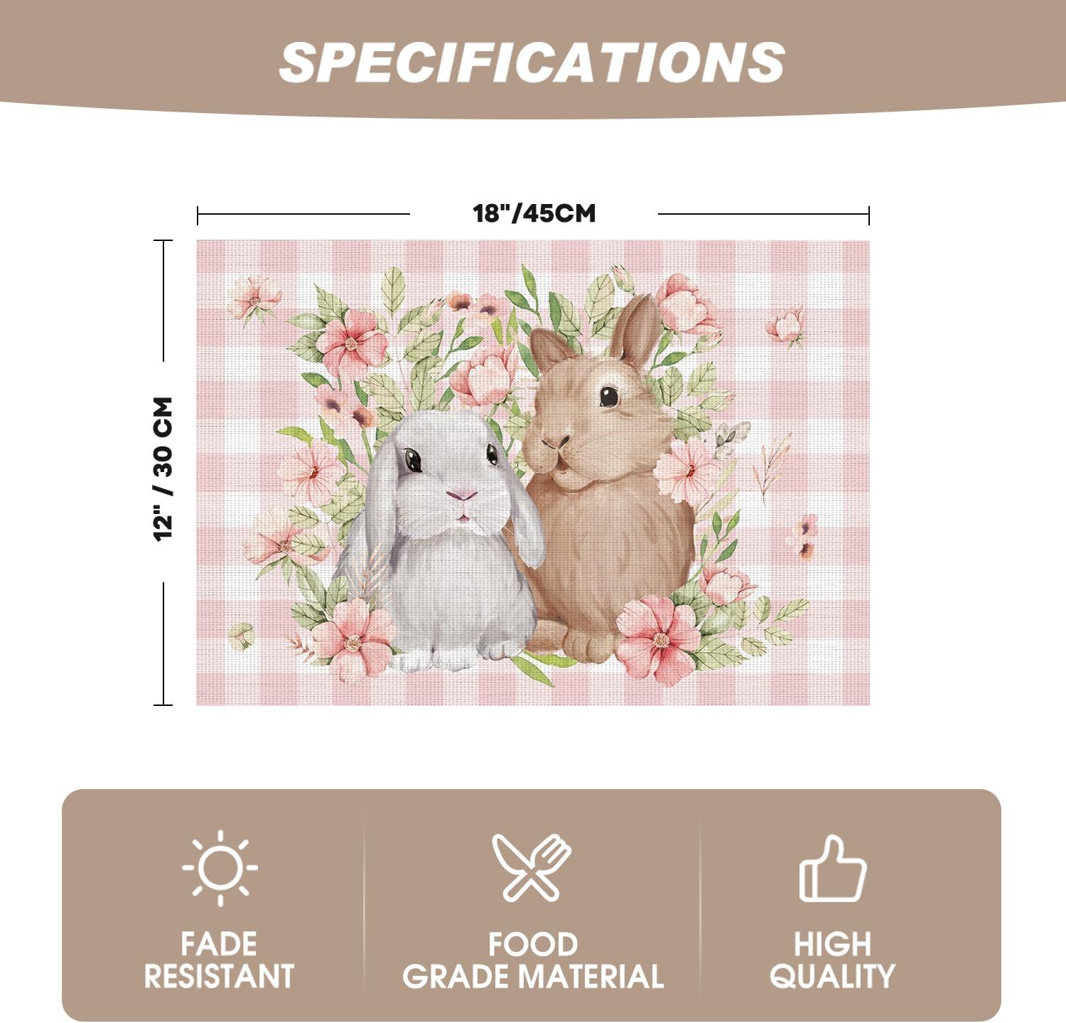 image:imageArtoid Mode Buffalo Plaid Rabbits Flowers Vinyl Easter Placemats Set of 4 12x18 Inch Wipeable NonSlip PVC Place Mats for Party Kitchen Dining DecorPink