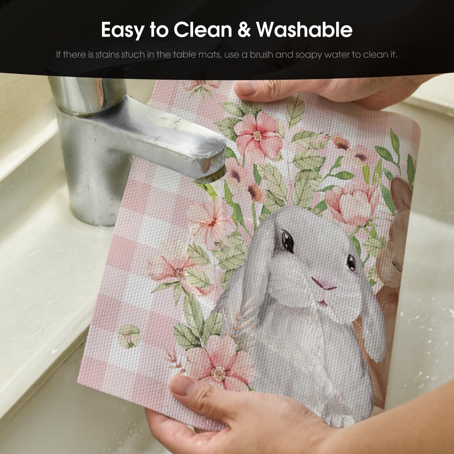 image:imageArtoid Mode Buffalo Plaid Rabbits Flowers Vinyl Easter Placemats Set of 4 12x18 Inch Wipeable NonSlip PVC Place Mats for Party Kitchen Dining DecorPink