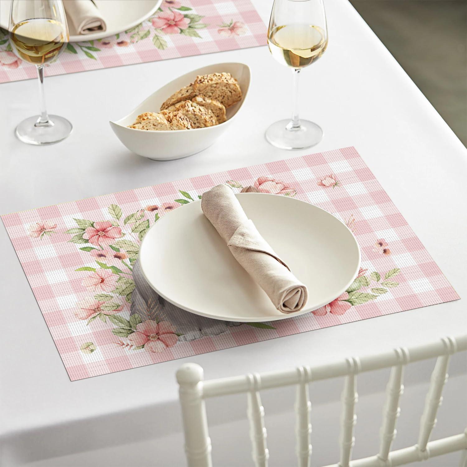 image:imageArtoid Mode Buffalo Plaid Rabbits Flowers Vinyl Easter Placemats Set of 4 12x18 Inch Wipeable NonSlip PVC Place Mats for Party Kitchen Dining DecorPink