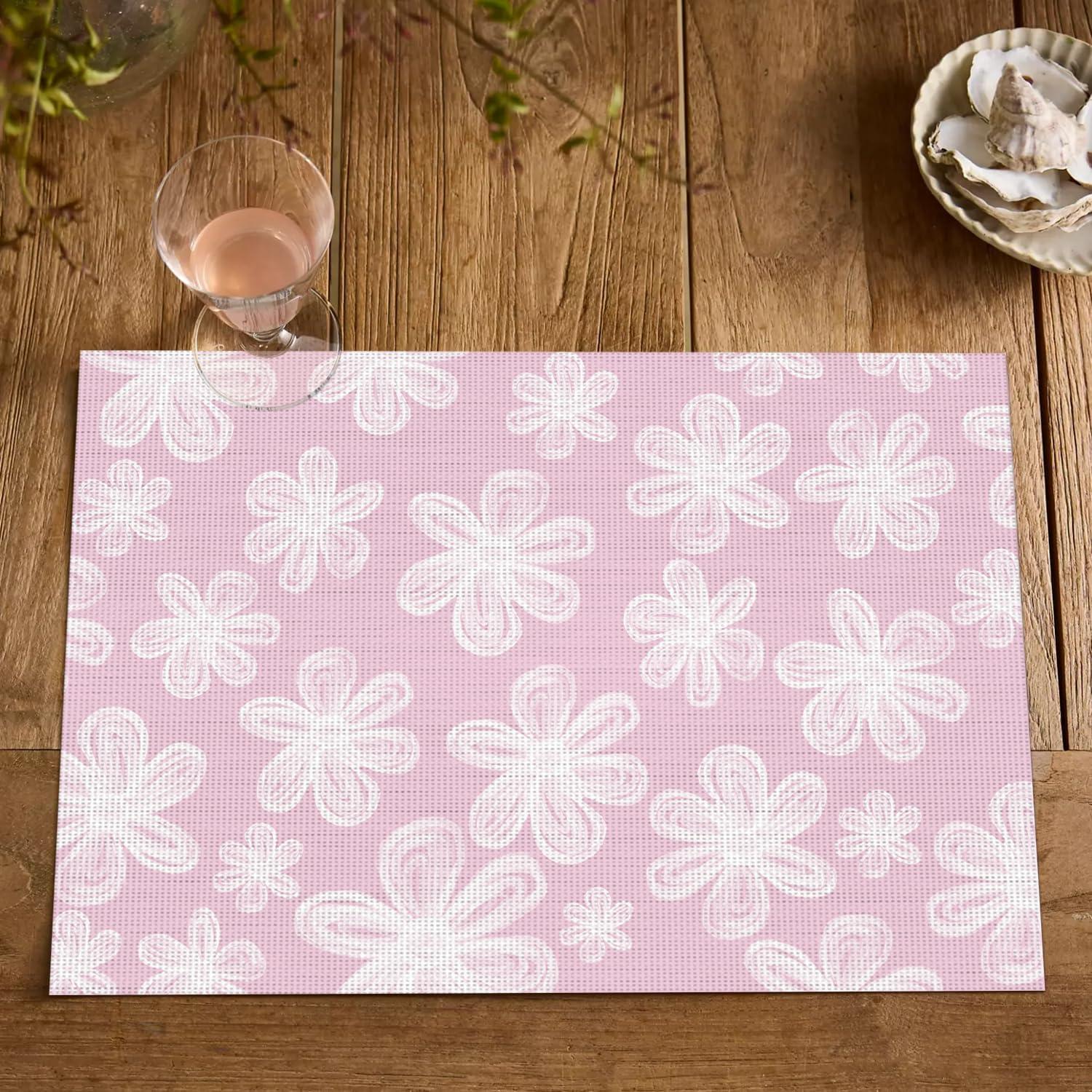 image:imageArtoid Mode Green Flowers Vinyl Spring Placemats Set of 4 Washable Heat Resistant NonSlip Woven Plastic PVC Summer Place Mats for Farmhouse Holiday Party Dining Table DecorPink