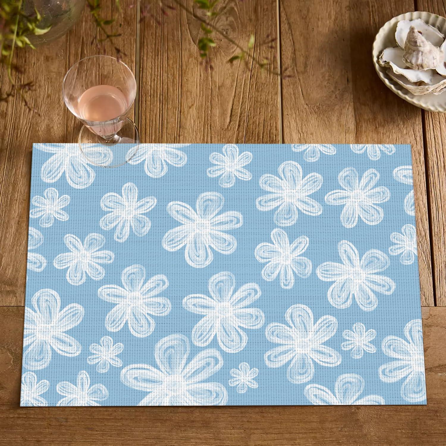 image:imageArtoid Mode Green Flowers Vinyl Spring Placemats Set of 4 Washable Heat Resistant NonSlip Woven Plastic PVC Summer Place Mats for Farmhouse Holiday Party Dining Table DecorBlue