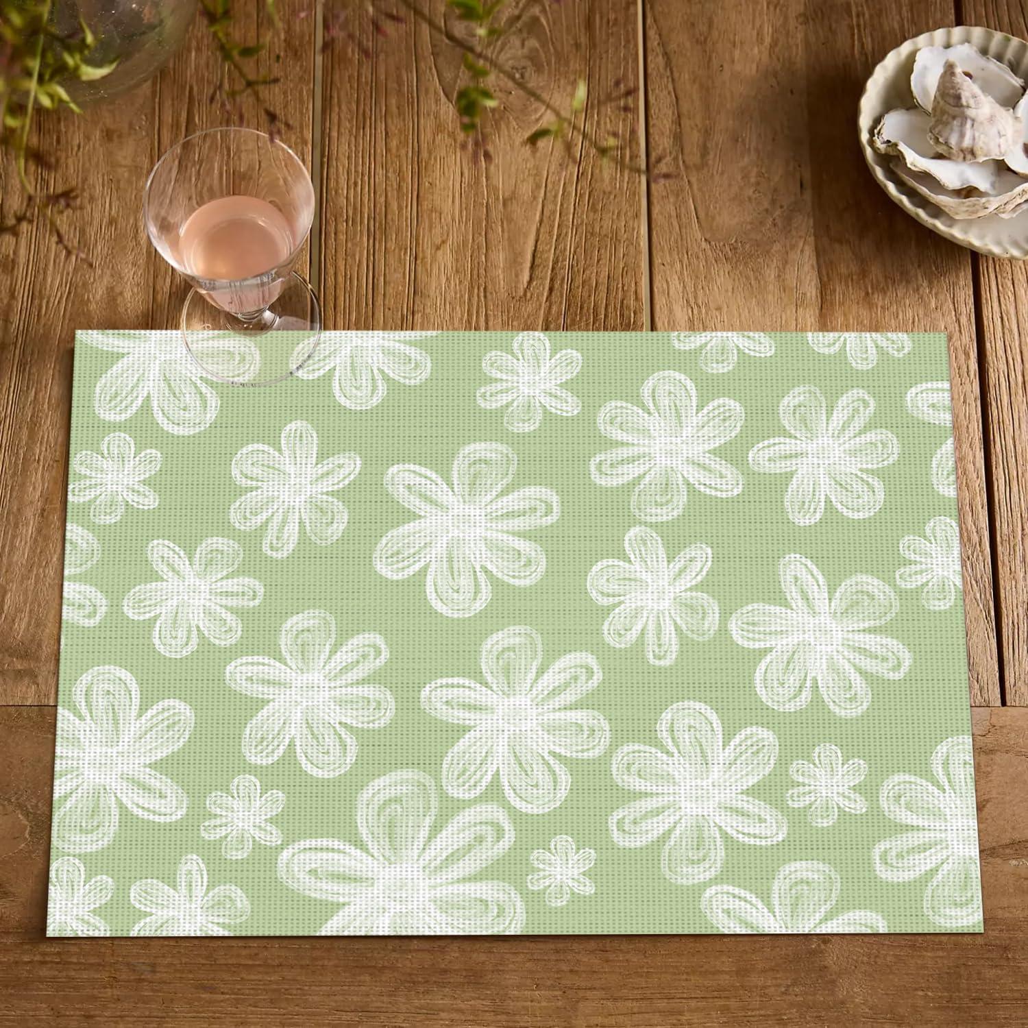 image:imageArtoid Mode Green Flowers Vinyl Spring Placemats Set of 4 Washable Heat Resistant NonSlip Woven Plastic PVC Summer Place Mats for Farmhouse Holiday Party Dining Table DecorGreen