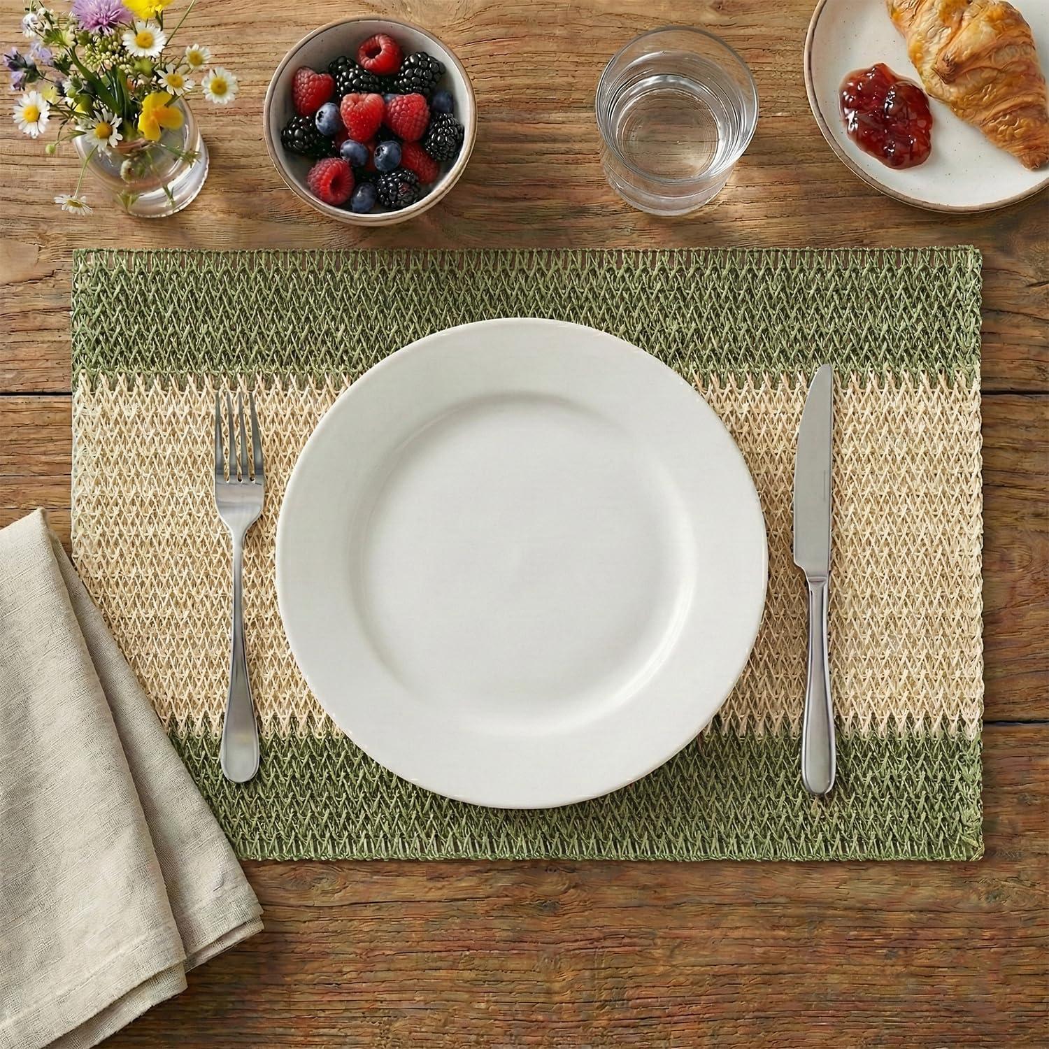 image:imageArtoid Mode Light Green Paper Woven Farmhouse Stripe Placemats Set of 412x18 Inch Seasonal Holiday Table Mats Party Kitchen Dining DecorationDark Green