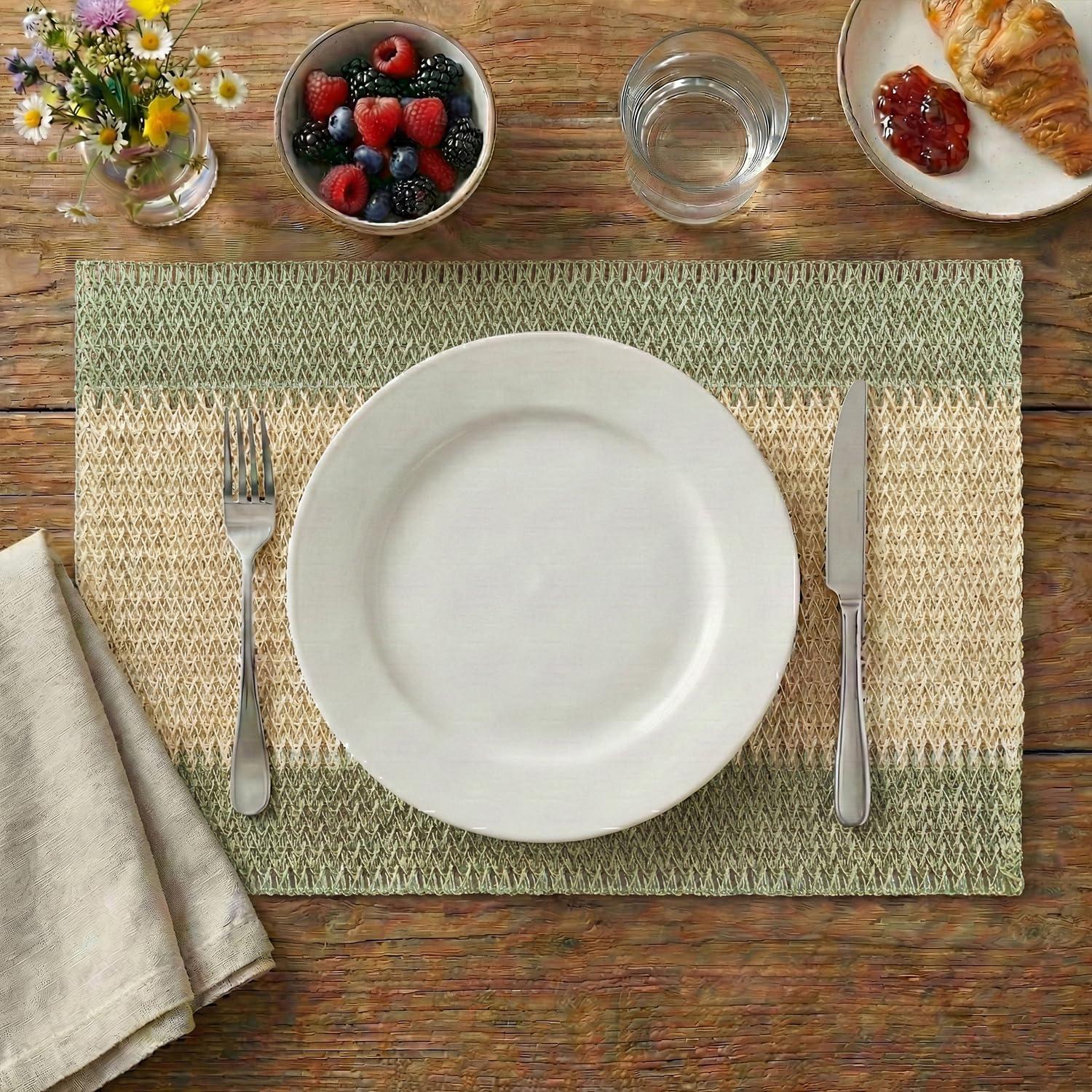 image:imageArtoid Mode Light Green Paper Woven Farmhouse Stripe Placemats Set of 412x18 Inch Seasonal Holiday Table Mats Party Kitchen Dining DecorationLight Green